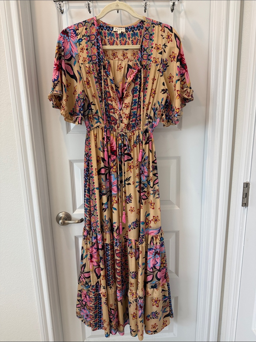 Boho Floral Tiered Midi Dress in Beige and Pink